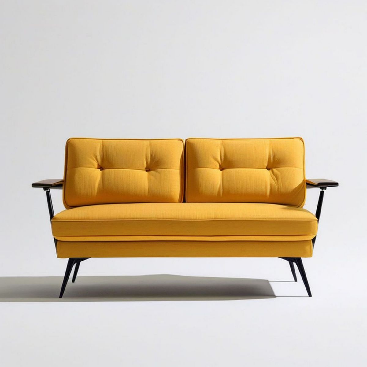 Dwuosobowa sofa retro 150 x 80 x 86 cm musztardowa z czarnymi stalowymi nogami